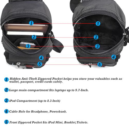 NICGID Sling Bag Chest Shoulder Backpack Crossbody Bags for Tablet Laptop Outdoor Hiking Men Women - color: Black-2629