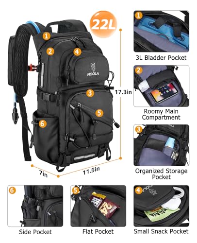 NOOLA Hydration Backpack with 3L Water Bladder - 22L Water Backpack for Hiking, Cycling, Running, Biking - Lightweight Hiking Pack Bag with Rain Cover, Phone Holder and Trekking Pole Holders, Black - color: Black, size: 22 Liters