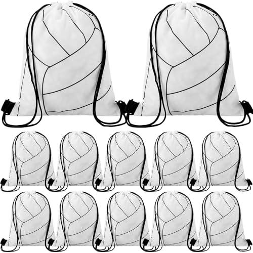 Dansydaisy 12 Pcs 12 In Volleyball Drawstring Backpack Bag Goodie Snack Gift Bags Sports Party Favors String Backpack Bulk(White) - color: White