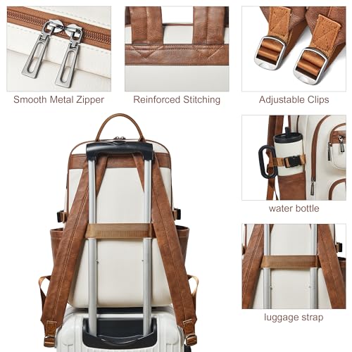 Vegan Leather Backpack, TSA Travel Backpack for Men and Women, Fits 17.0 Inch Laptop with Luggage Strap, Beige - color: Beige