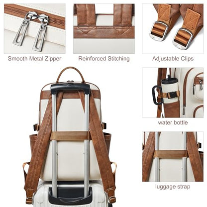 Vegan Leather Backpack, TSA Travel Backpack for Men and Women, Fits 17.0 Inch Laptop with Luggage Strap, Beige - color: Beige