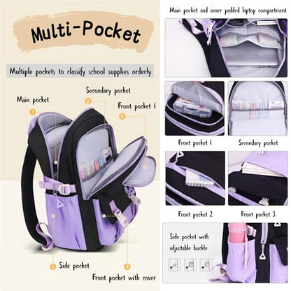 3Pcs Kids Backpack for Girls, Teen Girls Backpack Set with Tote Bag for Elementary Middle School Kids, with Star Pins and Furry Pendant, A08-3Pcs Purple - color: A08-3pcs Purple