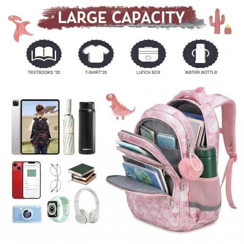 Cusangel Pink Girl School Backpack for Kids 6-12 ages, 16in Cute Bookbag Water Resistant, 7 Pockets, Adjustable Chest Strap, Reflective Strip, Large Bookbag For travel,Gifts,Summer Camps - color: Pink-17in