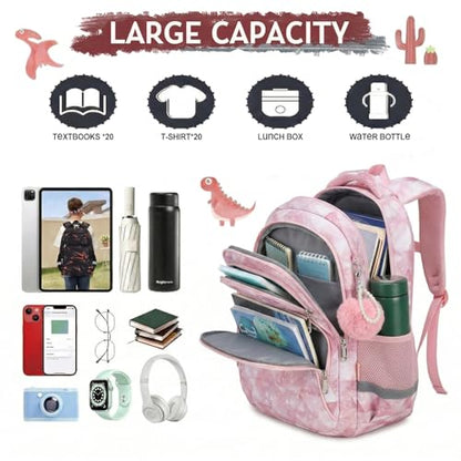 Cusangel Pink Girl School Backpack for Kids 6-12 ages, 16in Cute Bookbag Water Resistant, 7 Pockets, Adjustable Chest Strap, Reflective Strip, Large Bookbag For travel,Gifts,Summer Camps - color: Pink-17in