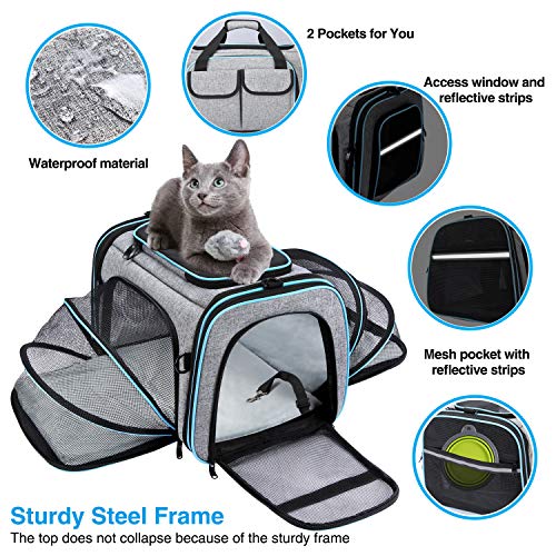 Airline Approved Pet Carrier, Large Soft Sided Pet Travel TSA Carrier 4 Sides Expandable Cat Collapsible Carriers with Removable Fleece Pad and Pockets for Cats Dogs and Small Animals