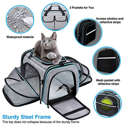 Airline Approved Pet Carrier, Large Soft Sided Pet Travel TSA Carrier 4 Sides Expandable Cat Collapsible Carriers with Removable Fleece Pad and Pockets for Cats Dogs and Small Animals