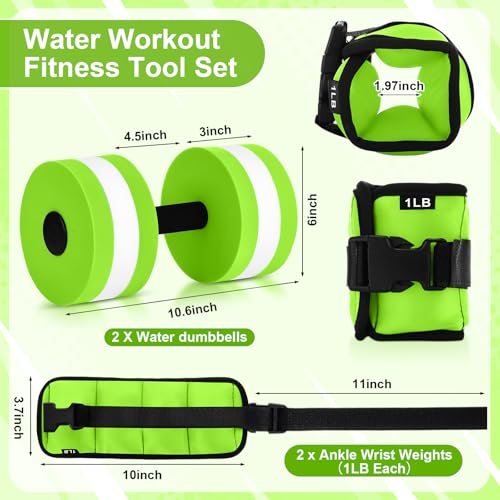 Hollowfly Water Aerobics Set, 4 Piece Pool Exercise Kit (2 Aquatic Dumbbells + 2 Ankle/wrist Weights), EVA Foam, Low-impact Workout - color: Green, size: 1lb