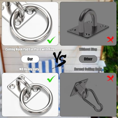 AccEncy 2Pcs M8 Stainless Steel Extra Large Heavy Duty Ring and Square Wall Mount Ceiling Indoor/Outdoor Hooks