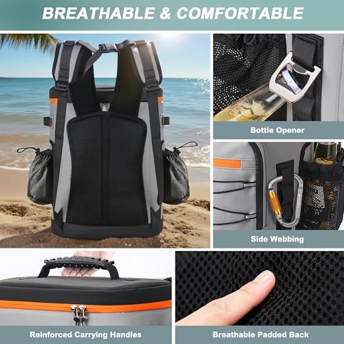 Large 52cans Cooler Backpack, Insulated, Waterproof, Leak Proof, 30L Large Capacity - color: Grey