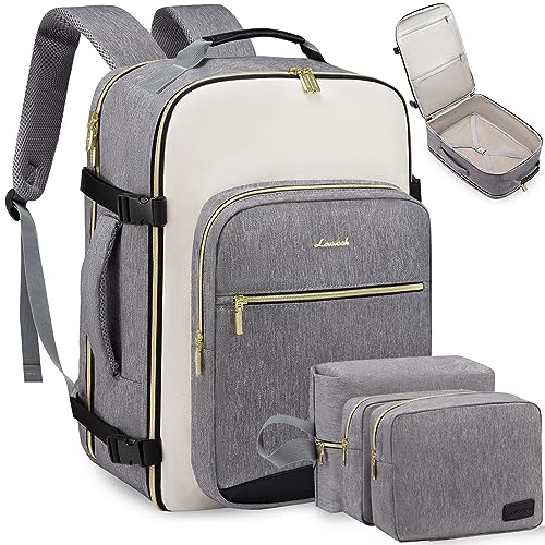 LOVEVOOK Large Travel Backpack for Women & Men, Carry on Backpack Airline Approved, TSA Personal Item Travel Bag fits 17" Laptop, 40L Waterproof Travel Essentials Sports Backpack with 3 Packing Cubes - color: Grey-beige-black, size: 17.3 Inch-40L-4Pcs