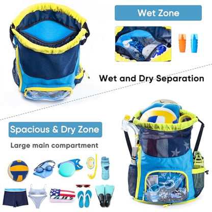Mesh Drawstring Backpack with Shoe Compartment, Sandproof Beach Swim Bag with Wet Pocket, Pool Gym Shower Bag for Travel Summer Camp - color: Blue - Neon Yellow, style: Style a