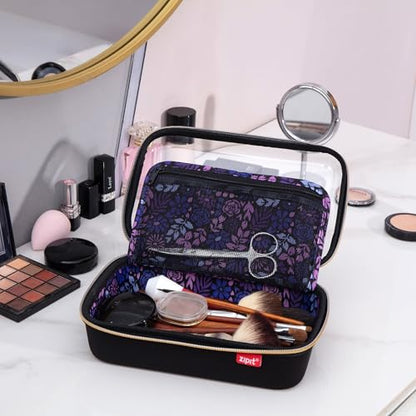 ZIPIT: Travel Makeup Bag - Black & Purple Flowers - Protective Hard Shell, Large Cosmetic Case, Transparent Zipper Lid, Handle, Toiletry Organizer - color: Black