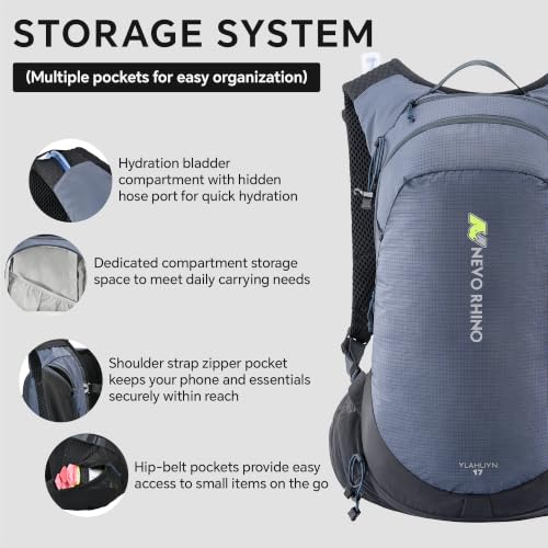 N NEVO RHINO 17L Hydration Backpack with 500ml/17oz Soft Flask for Men & Women, Lightweight Hiking Backpack, Water Backpack for Hiking, Camping, Traveling - color: Blue