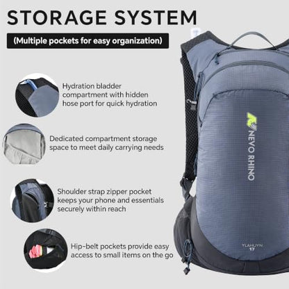 N NEVO RHINO 17L Hydration Backpack with 500ml/17oz Soft Flask for Men & Women, Lightweight Hiking Backpack, Water Backpack for Hiking, Camping, Traveling - color: Blue