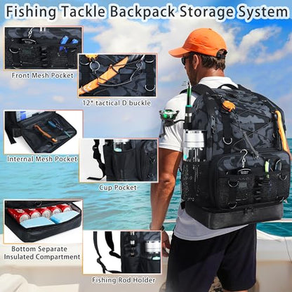Fishing Backpack with 4 Tackle Boxes, Heavy Duty Fishing Bag with Waterproof Bottom, Tackle Backpack Gifts for Man Woman-Camo Black - color: Camo Black
