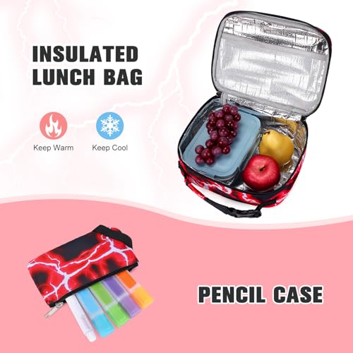 Bevalsa Backpack for Boys, Lightning School Bags with Lunch Bag & Pen Case for Kids, Bookbag for Boys Teens Elementary Middle High School - color: Red Spider