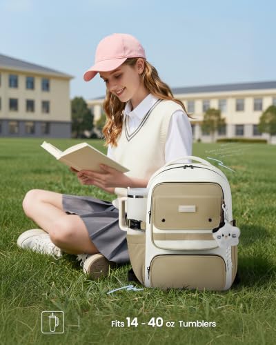 LOVEVOOK School Backpack for Teen Girl, Cute Bookbag with Large Bottle Holder, Lightweight Elementary Middle High School Student Backpack Fits 15.6 Inch Laptop, Back to Schools Kid Gift, Khaki-Cream - color: Khaki - Cream, size: 15.6 Inch