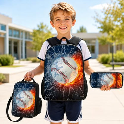 3PCS Baseball Backpacks for Boys Girls Teens, School Backpack with Lunch Box Pencil Case for Elementary Middle High Students, 17 Inch Lightweight Bookpack 3 in 1 Set Back to Shool Supplies for Kids - color: Water Fire Baseball S01
