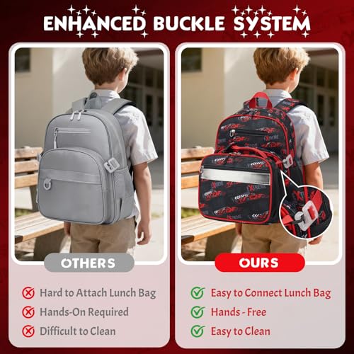 3PCS Boys Backpack Ages 5-8 with Lunch Bag & Pencil Case, Toddler School Backpack for Kids Boys - 15inch Backpack Boy Bookbag for Preschool Kindergarten Elementary School - color: Racing Cars