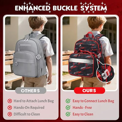 3PCS Boys Backpack Ages 5-8 with Lunch Bag & Pencil Case, Toddler School Backpack for Kids Boys - 15inch Backpack Boy Bookbag for Preschool Kindergarten Elementary School - color: Racing Cars