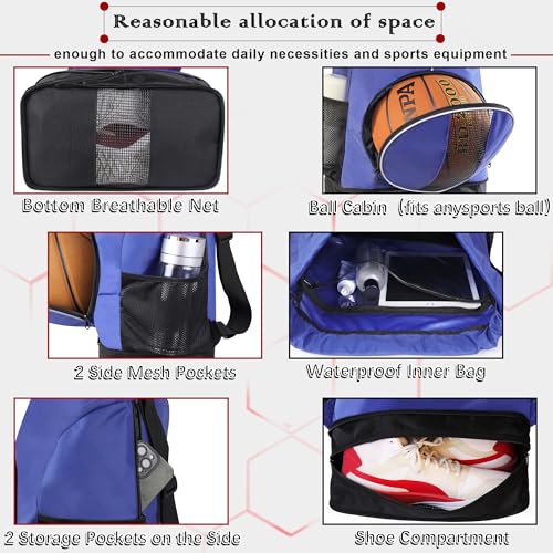 Basketball Backpack, 45 L Drawstring Sports Bag with Large Shoe Compartment and Wet Pockets for Women Men Gym Bag - color: Blue-45L