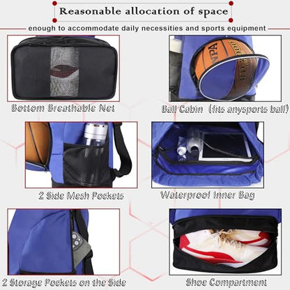 Basketball Backpack, 45 L Drawstring Sports Bag with Large Shoe Compartment and Wet Pockets for Women Men Gym Bag - color: Blue-45L