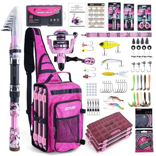 Goture Pink Fishing Rod and Reel Combo with 3700 trays - Spinning Reel Pole with Shimmering Pink Sling Bag - 8FT Telescopic Rod Kit for Starter Travel Saltwater Freshwater - color: Shimmering pink, size: Large bag with 3700 trays, style: Full Fishing Kit(