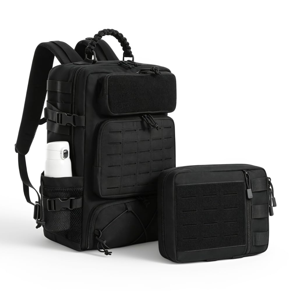 35L Tactical Backpack with Shoe Compartment & Molle Admin Pouch Combo – 1000D Water Resistant Military Backpack for Laptop 15.6” + Laser Cut EDC Tool Organizer Bag – Outdoor Hiking Gym Assault