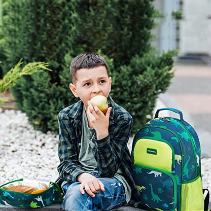 mommore Kids Backpack for Boys Girls 4-8 Kindergarten Elementary School Backpack with Lunch Box - 15” H Fit Folder - color: A-dinosaur, style: 3 Pcs