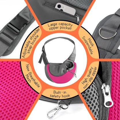 YUDODO Pet Sling Carrier for 5-9 lbs Small Dogs & Cats – Hands-Free Puppy Carrier with Safety Hook, Large Zipper Pocket, Soft Breathable Mesh, Adjustable Strap & Reflective Strip (Pink 1.0 M) - color: Pink 1.0 Basic (Zipper Pocket), size: Medium (4.5-9lbs