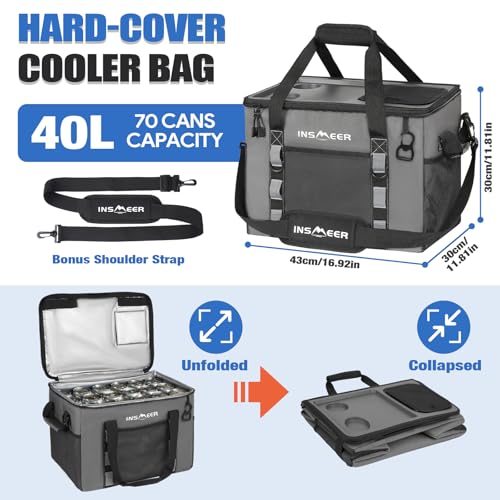 INSMEER Soft Cooler Bag with Hard Shell & 2 Cup Holders, Portable 40L/70 Cans Collapsible Cooler Bags Insulated with Leakproof for Travel, ice chests and Cooler Lunch Box for Beach Camping Picnic - color: Grey