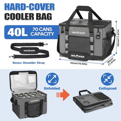INSMEER Soft Cooler Bag with Hard Shell & 2 Cup Holders, Portable 40L/70 Cans Collapsible Cooler Bags Insulated with Leakproof for Travel, ice chests and Cooler Lunch Box for Beach Camping Picnic - color: Grey