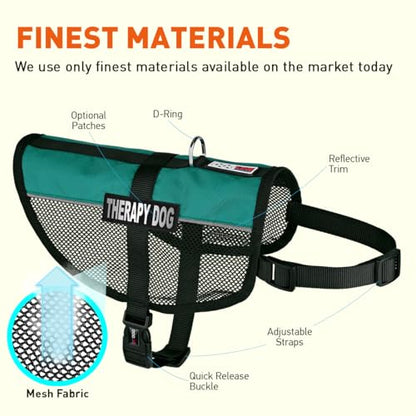 Dogline MaxAire Vest Therapy Dog Removable Patch Adjustable Harness Reflective for Puppies Small Medium and Large Dogs 13 by 16 Inch Girth Teal - color: Teal, size: Girth 13 by 16"