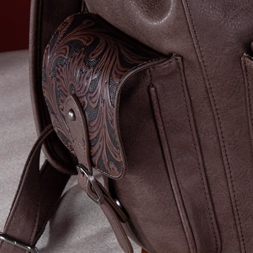 Montana West Wrangler Backpack Purse for Women Men Western Backpack Floral Tooled Travel Bags - color: Carve Coffee