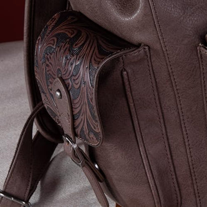 Montana West Wrangler Backpack Purse for Women Men Western Backpack Floral Tooled Travel Bags - color: Carve Coffee