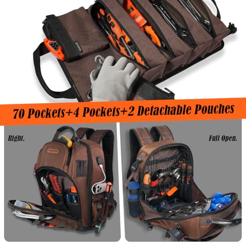 WELKINLAND 70Pockets HVAC Tool Backpack With Tool Roll, 4-Piece Electrical Backpack With Tools Roll Bags, Hard Bottom Electrician Back Pack, Tools Back Pack For Men Heavy Duty