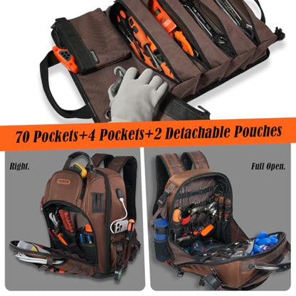 WELKINLAND 70Pockets HVAC Tool Backpack With Tool Roll, 4-Piece Electrical Backpack With Tools Roll Bags, Hard Bottom Electrician Back Pack, Tools Back Pack For Men Heavy Duty