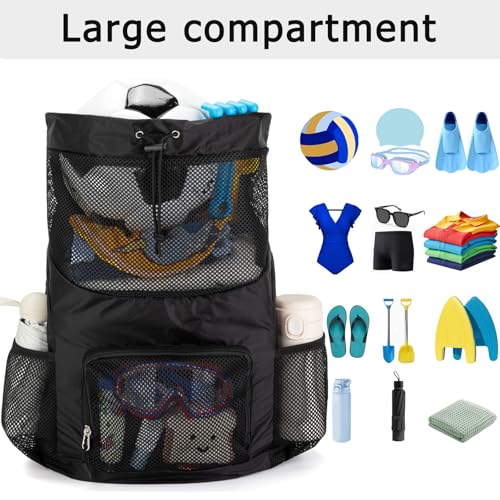 Swim Bag for Kids Mesh Beach Backpack for Boys Lightweight Drawstring Beach Bag Swimming Pool Sports Gym String Bag (Black) - color: All-Black