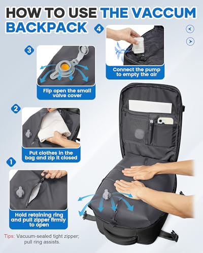 WONHOX Vacuum Seal Travel Backpack with Air Pump Compression Vacpack Waterproof Carry On Backpack for Travel Women men with Vacuum System Laptop Airlines Approved Daypack Space Saver Bags Black - color: B12-black(with Air Pump)