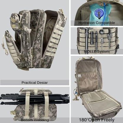 Military Tactical Backpack for Men, 45L 3 Day Assault Pack, Heavy Duty Large Molle Backpack for Outdoor, Hiking, Camping, Camouflage Grey - color: Camouflagegrey