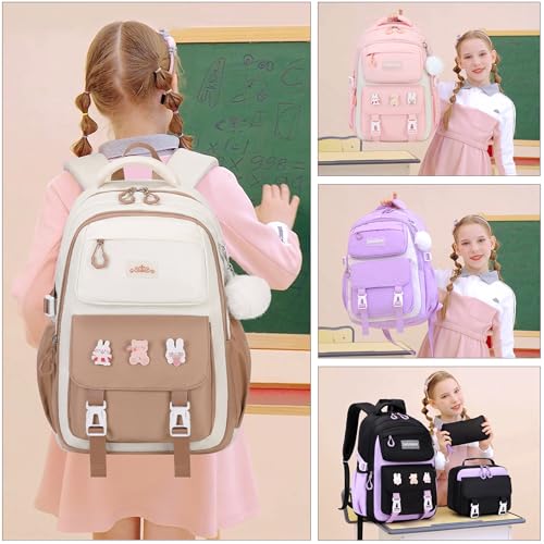 DIGOBAY 3PCS Girls Backpack for School, Kids Backpack for Girls with Lunch Box Pencil Case Set for Teen Girl Elementary Primary Middle High College School Bookbag with Cute Pins (Khaki) - color: Khaki