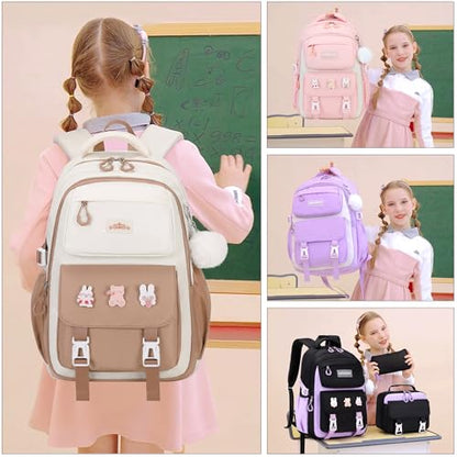 DIGOBAY 3PCS Girls Backpack for School, Kids Backpack for Girls with Lunch Box Pencil Case Set for Teen Girl Elementary Primary Middle High College School Bookbag with Cute Pins (Khaki) - color: Khaki