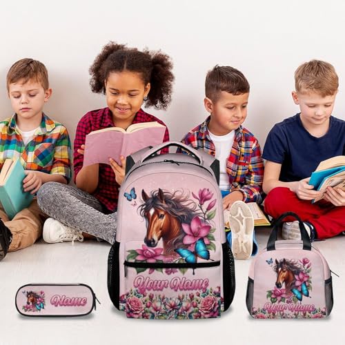 Mercuryelf Personalized Girls Backpack Horse 3PCS Kids Backpack Set with Lunch Bag & Pencil Case, 17 Inch School Bookbag for Elementary Kindergarten - color: Yellow