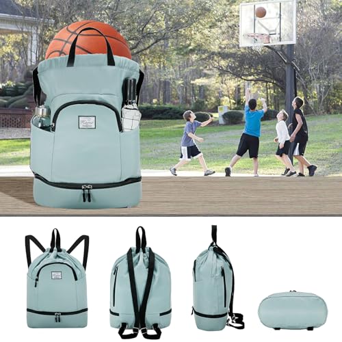 Kamo Drawstring Backpack Bag - Sport Swimming Yoga Backpack with Shoe Compartment, Two Water Bottle Holder for Men Women Large String Backpack Athletic Sackpack for Travel - color: Light Blue