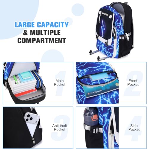 Bevalsa Backpack for Boys, Cool Luminous Boys Backpack with Sling Bag, Lunch Box & Pen Case, School Bags for Kids Children Teens Elementary Middle Schools, Bookbag Glow In The Dark (Lightning) - color: Blue Lightning