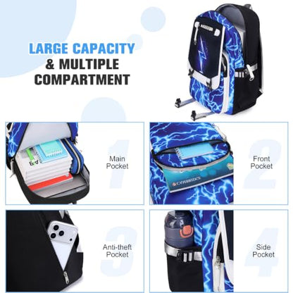 Bevalsa Backpack for Boys, Cool Luminous Boys Backpack with Sling Bag, Lunch Box & Pen Case, School Bags for Kids Children Teens Elementary Middle Schools, Bookbag Glow In The Dark (Lightning) - color: Blue Lightning