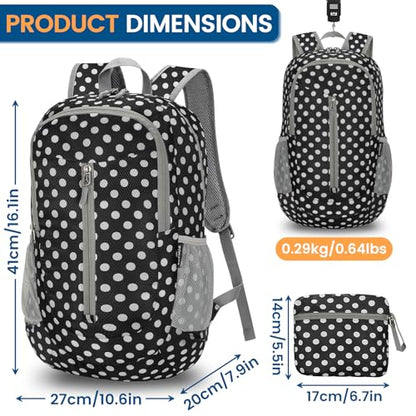 ZOMAKE Ultra Lightweight Packable Backpack 25L, Foldable Hiking Backpacks Water Resistant Small Folding Daypack for Travel(Black, White Polka Dot) - color: Black, White Polka Dot