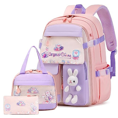 FIXITOK Girls Backpack Set, 3PCS Kids Backpack for Girls, Kawaii Bunny School Backpacks for Girl Kindergarten Elementary Preschool Middle School Bags with Lunch Box Pencil Case Pink - color: Pink