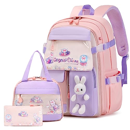 FIXITOK Girls Backpack Set, 3PCS Kids Backpack for Girls, Kawaii Bunny School Backpacks for Girl Kindergarten Elementary Preschool Middle School Bags with Lunch Box Pencil Case Pink - color: Pink