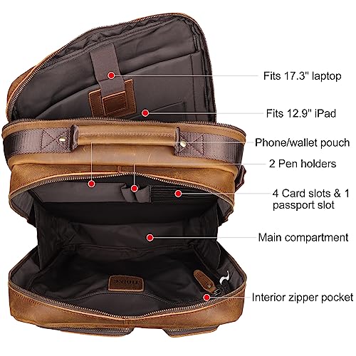 TIDING 17.3 Inch Full Grain Leather Laptop Backpack for Men Multi Pockets Casual Daypack Travel Rucksack - color: Brown